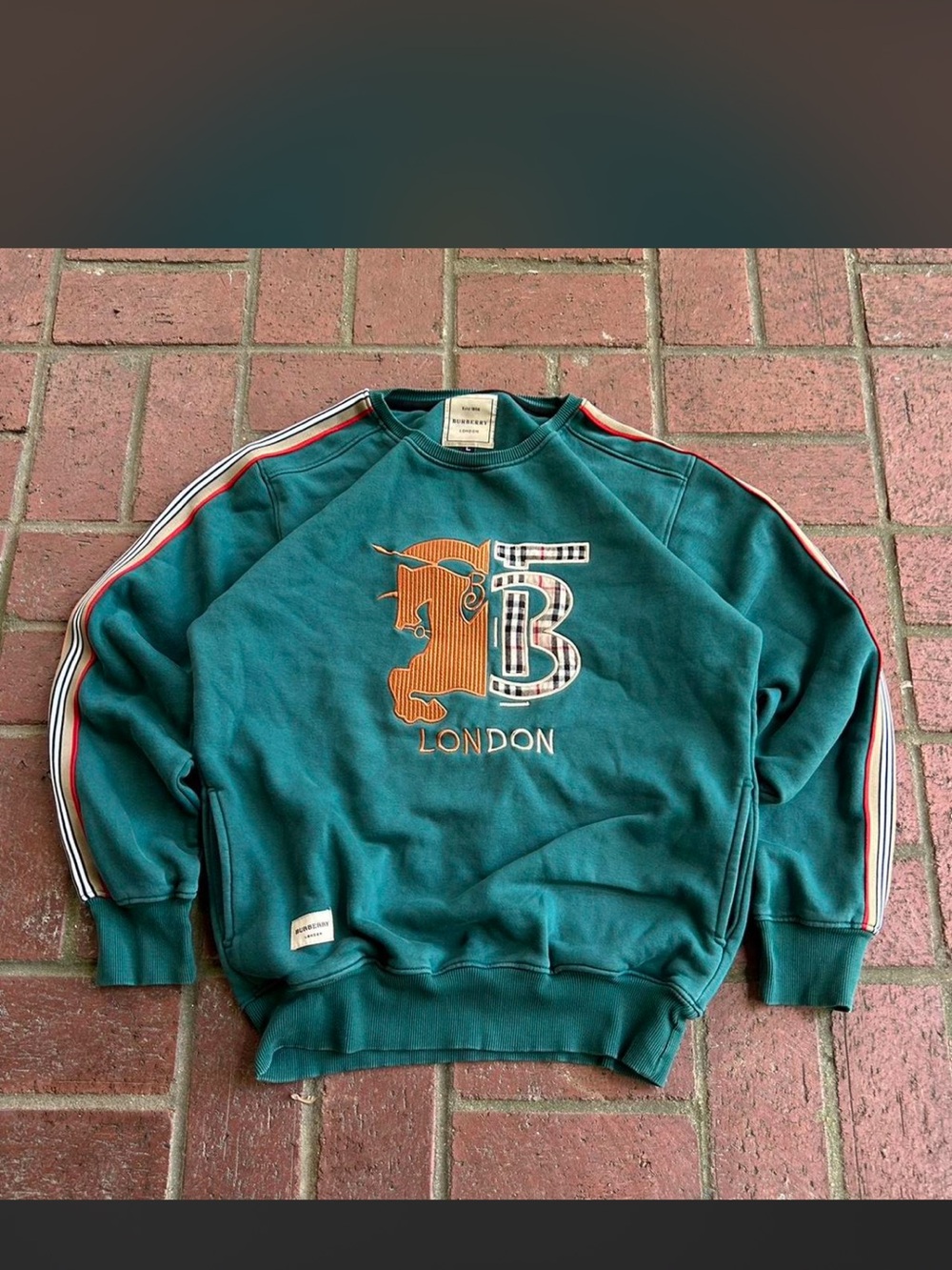 Burberry Teal Green Sweatshirt with Orange and White Accents